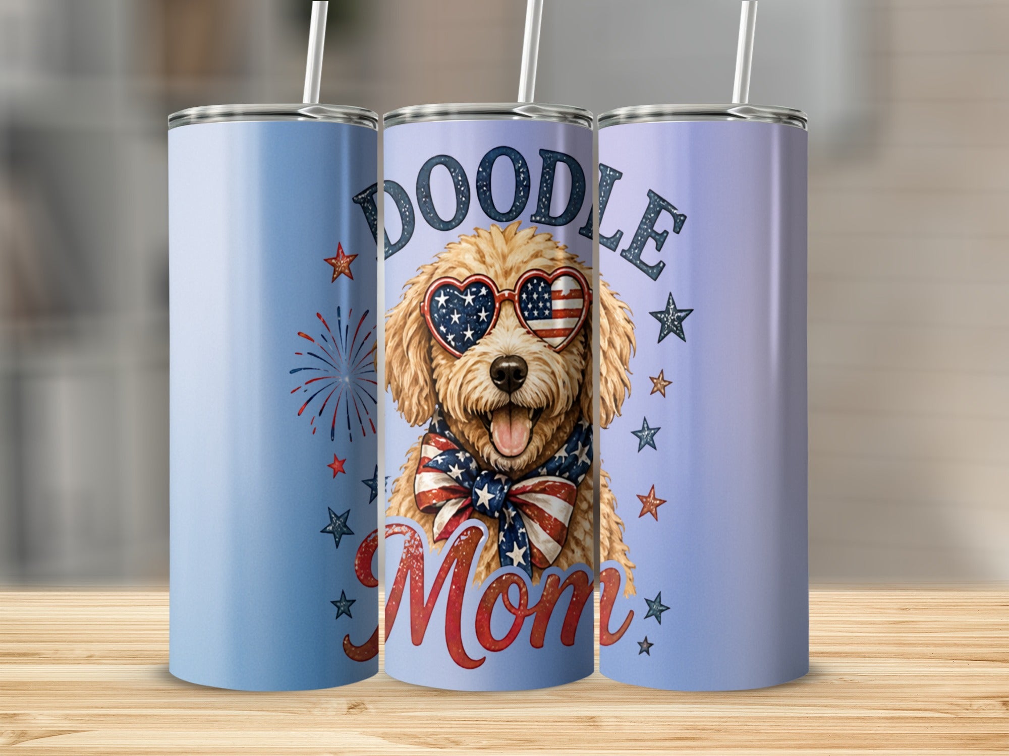 Goldendoodle wearing sunglasses and bandana with "Doodle Mom" text.