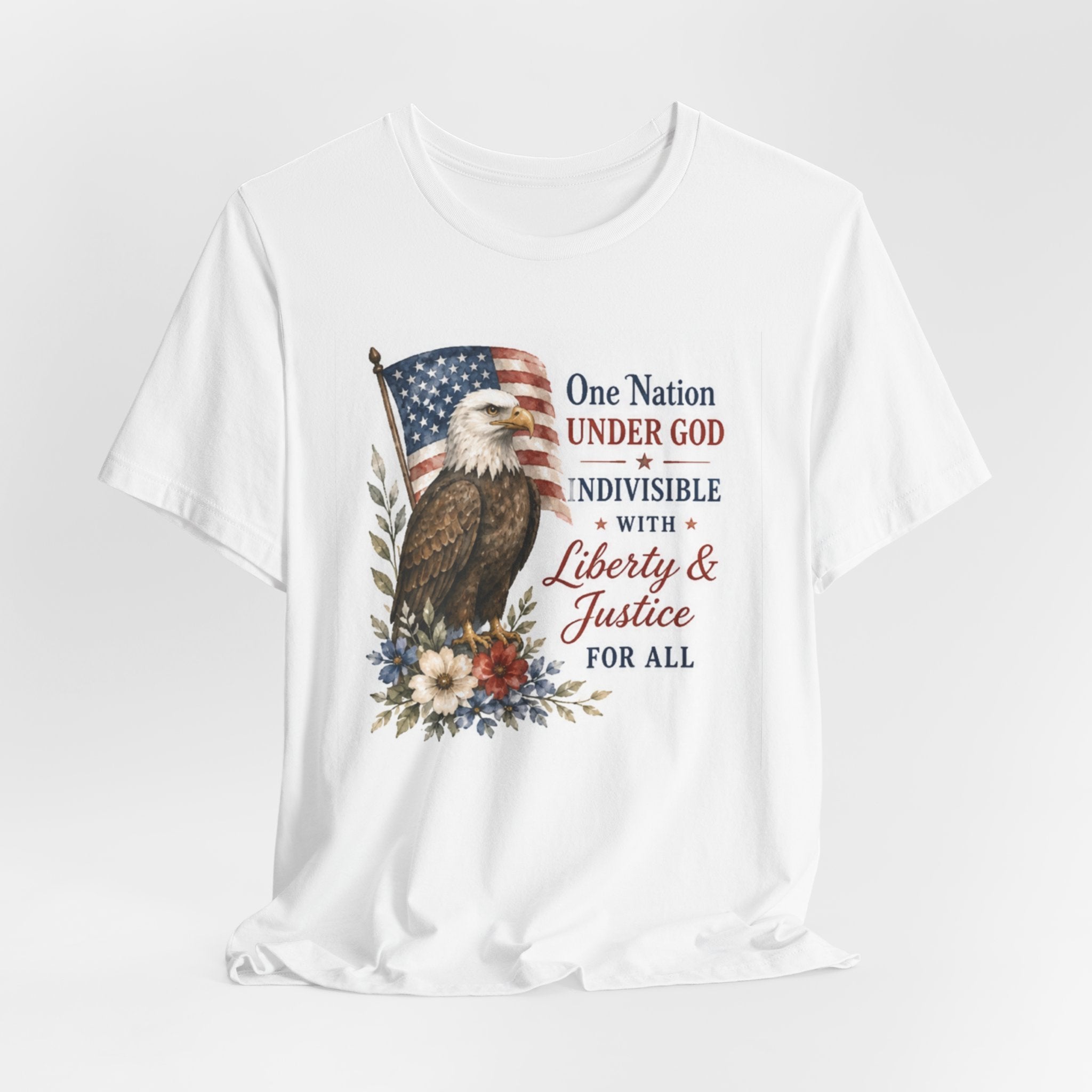 Eagle with American flag and text: One Nation Under God, Liberty & Justice For All.