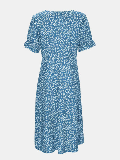 Printed Surplice Flounce Sleeve Midi Dress