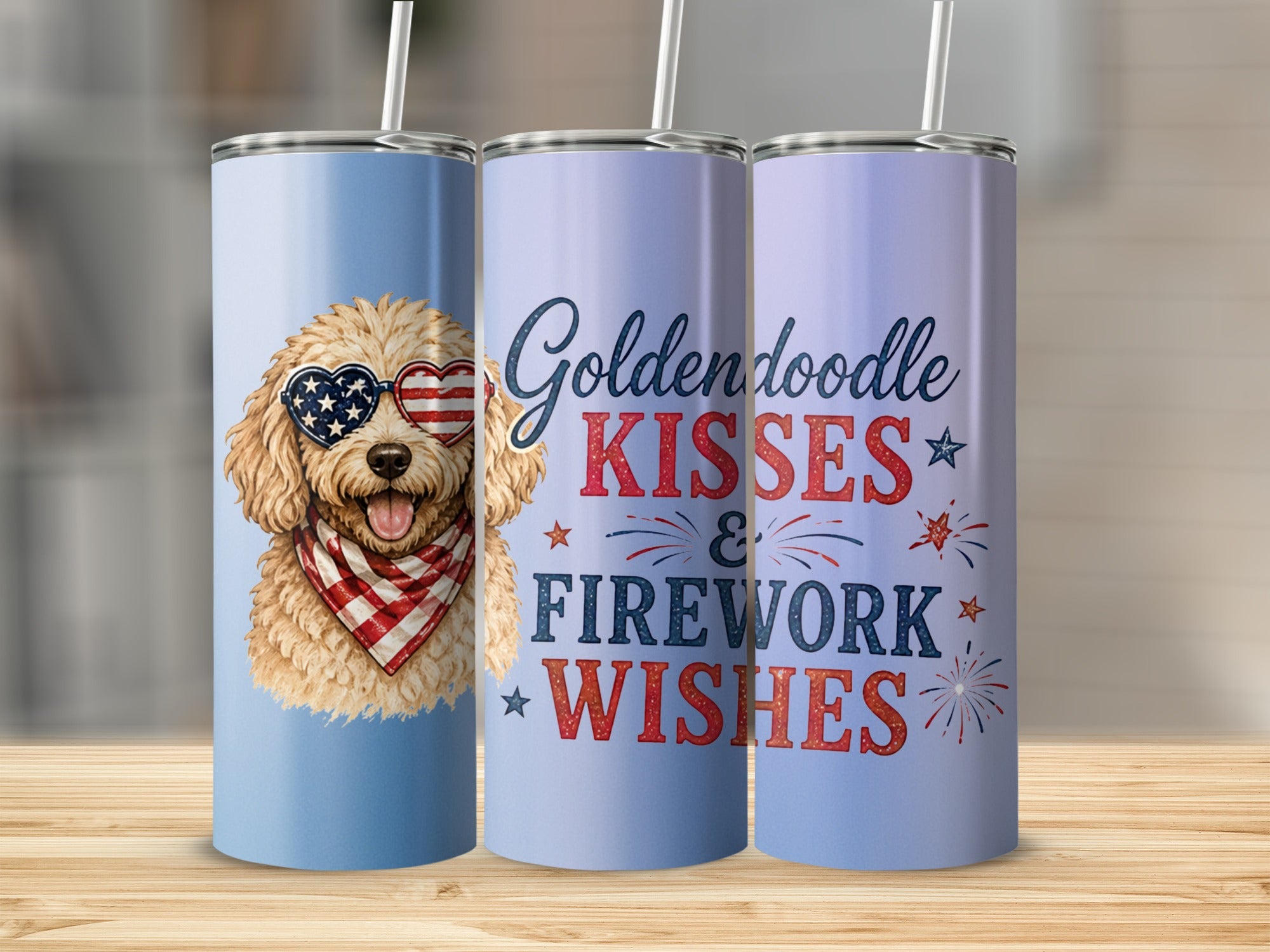 Golden doodle wearing heart-shaped flag sunglasses and bandana, patriotic text.