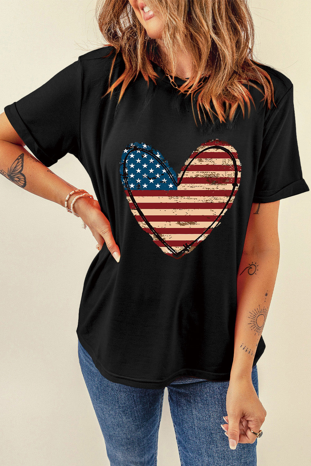 Stars and Stripes Heart Round Neck Short Sleeve T-Shirt - Danielle and Jason Baker LLC - Danielle Baker's Boutique