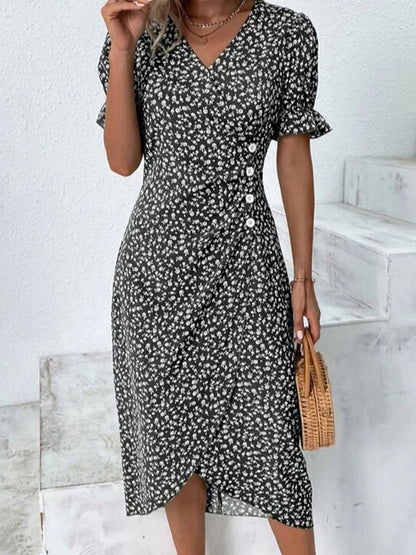 Printed Surplice Flounce Sleeve Midi Dress