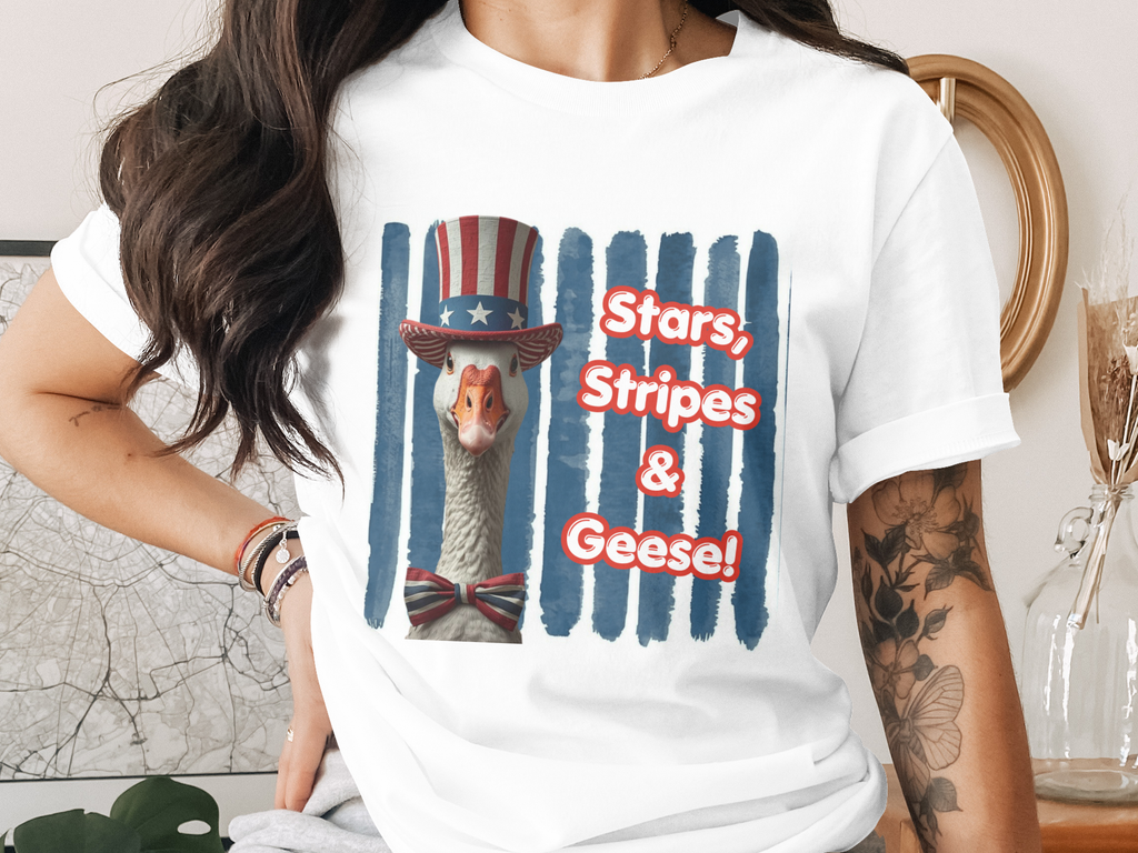 Stars, Stripes & Geese Patriotic Goose T-Shirt, Funny 4th of July Americana Tee- Unisex