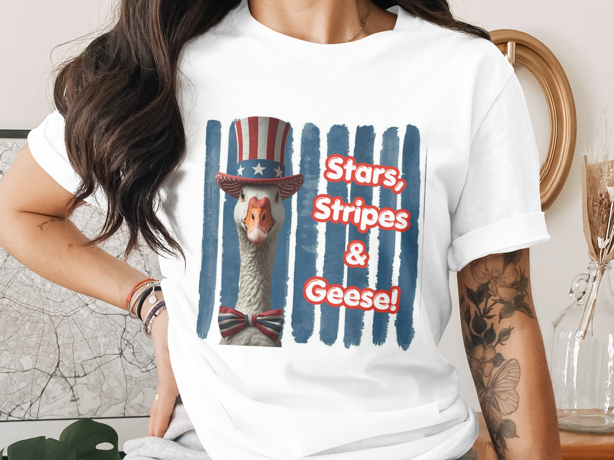 Stars, Stripes & Geese Patriotic Goose T-Shirt, Funny 4th of July Americana Tee- Unisex