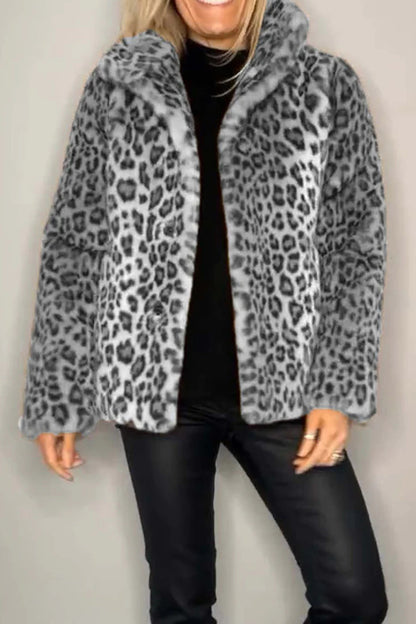 Leopard Furry Faux Fur Long Sleeve Coat