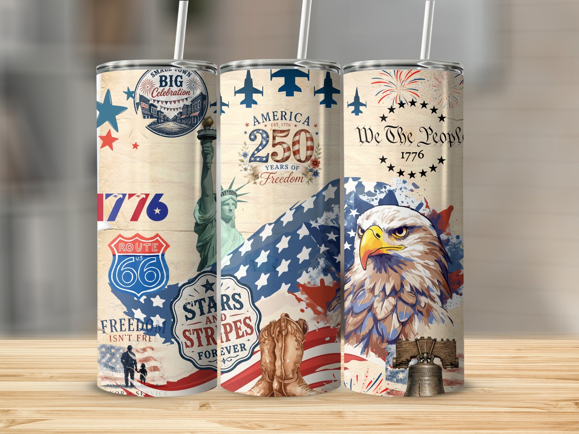 Patriotic tumbler designs featuring the Statue of Liberty, eagle, and American flag elements.