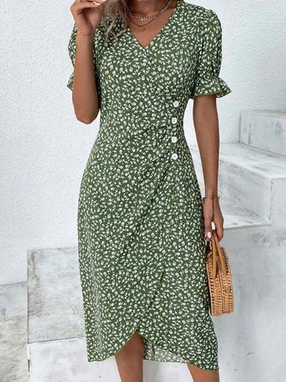 Printed Surplice Flounce Sleeve Midi Dress