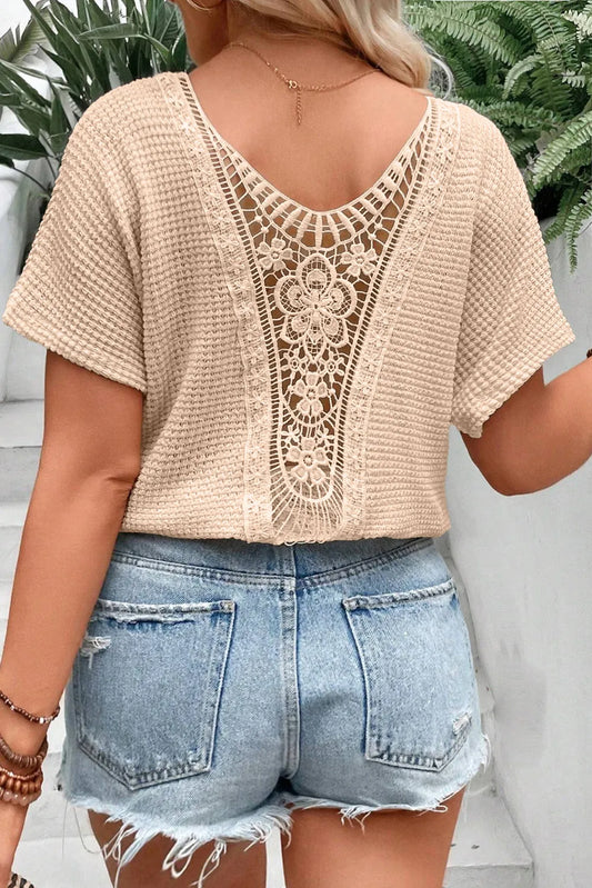 Textured Lace Round Neck Short Sleeve T-Shirt