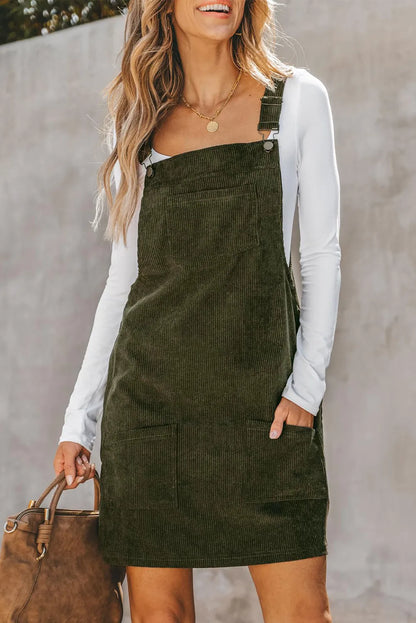 Corduroy Square Neck Wide Strap Overall Dress