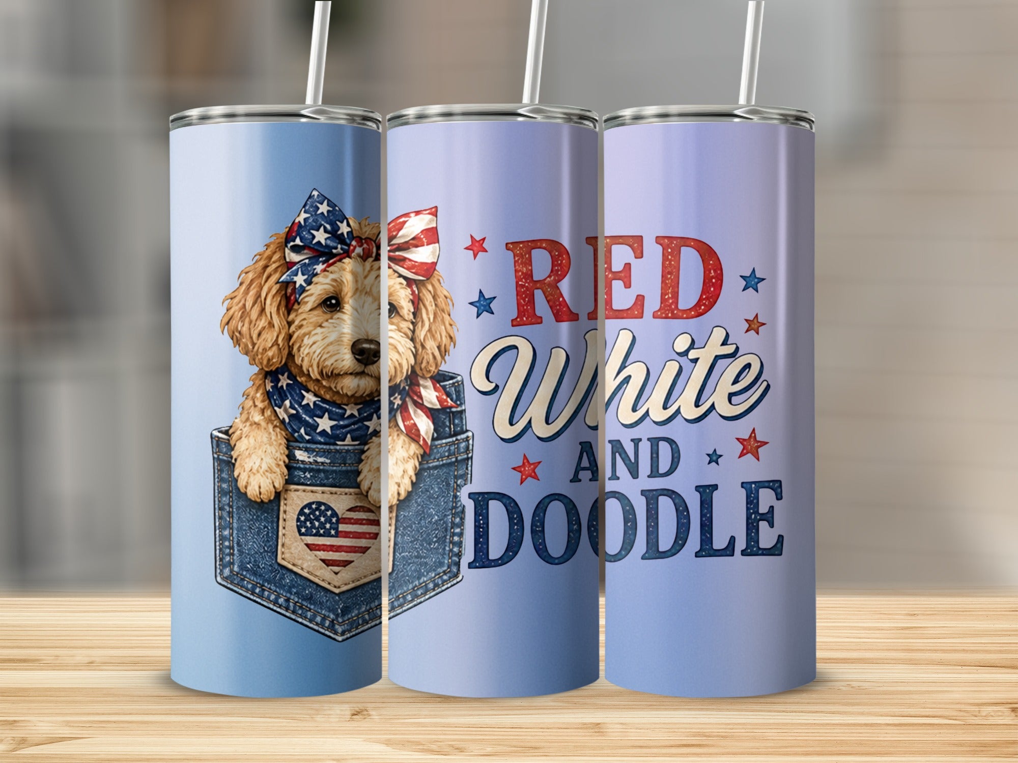 Three tumblers with patriotic dog and "Red White and Doodle" text.