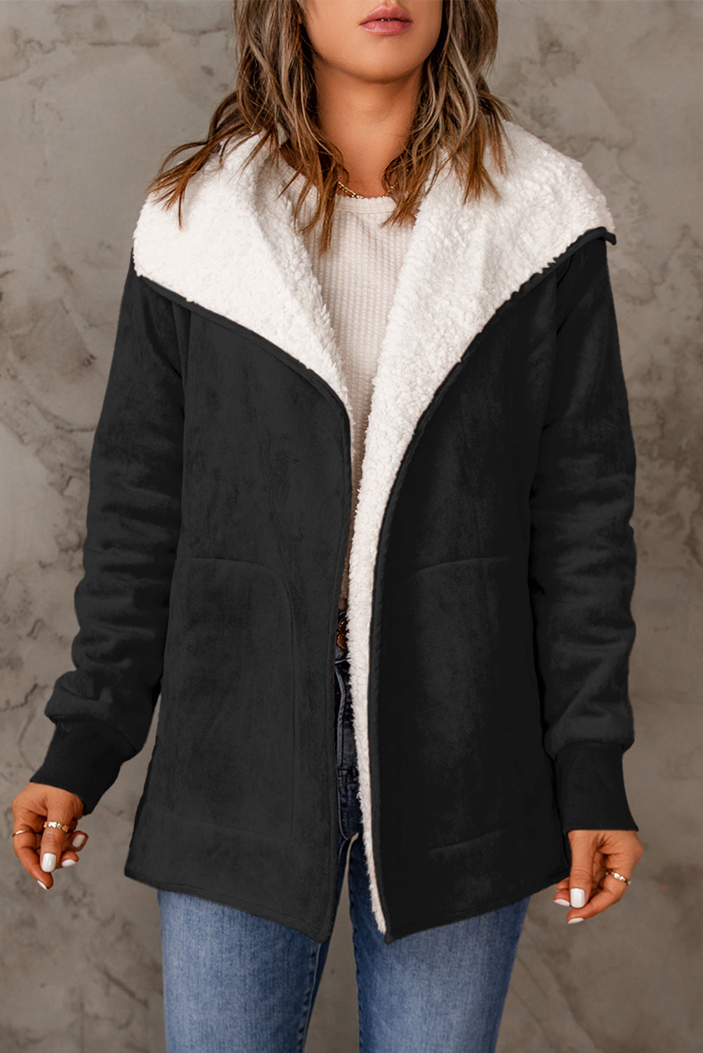 Open Front Long Sleeve Sherpa Jacket