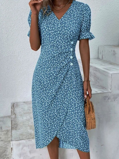 Printed Surplice Flounce Sleeve Midi Dress