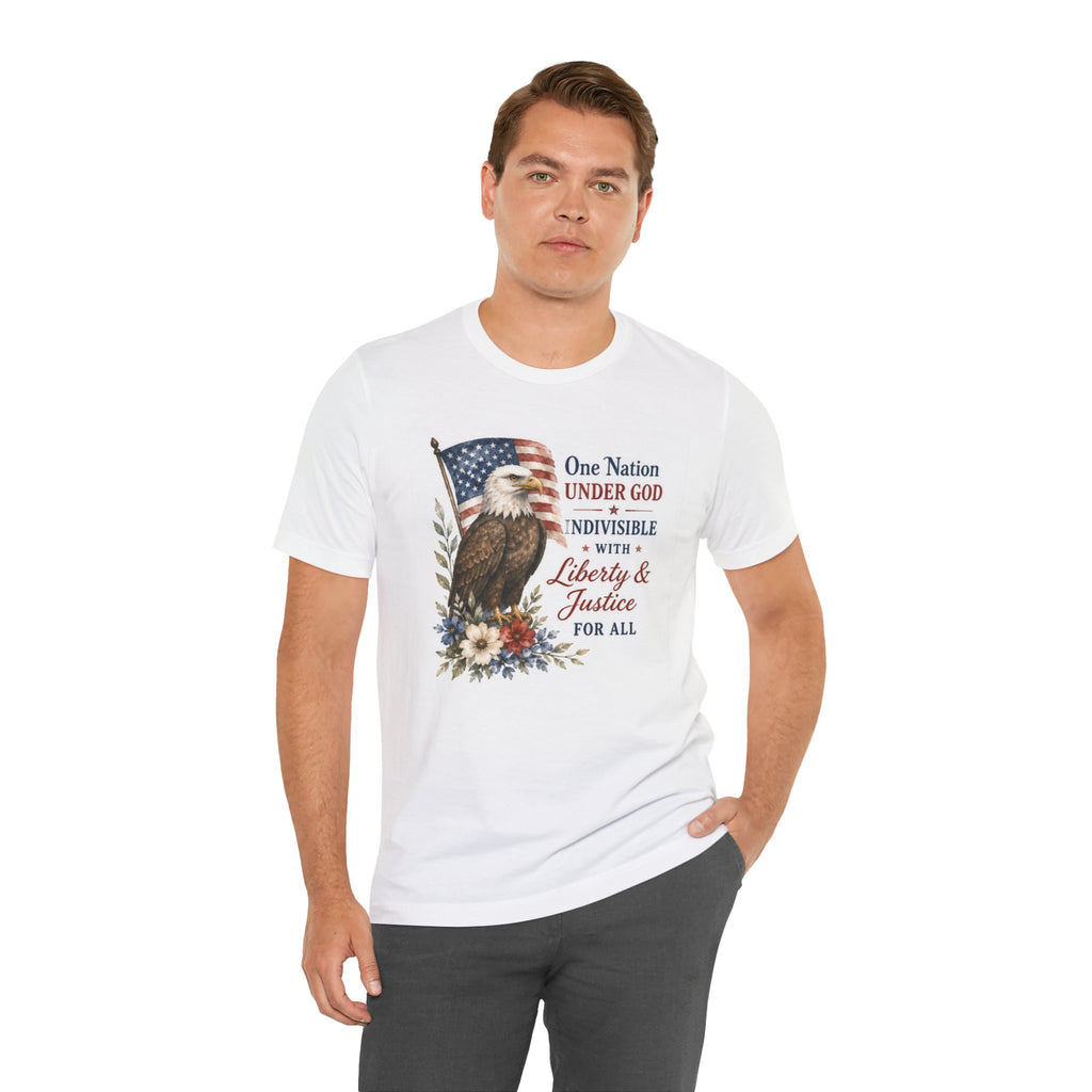 White t-shirt with "One Nation Under God" American flag and floral design.