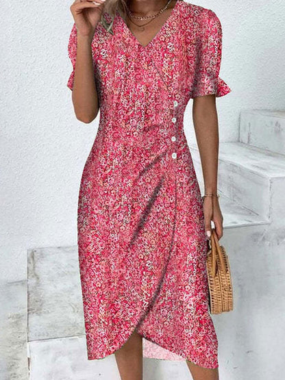 Printed Surplice Flounce Sleeve Midi Dress