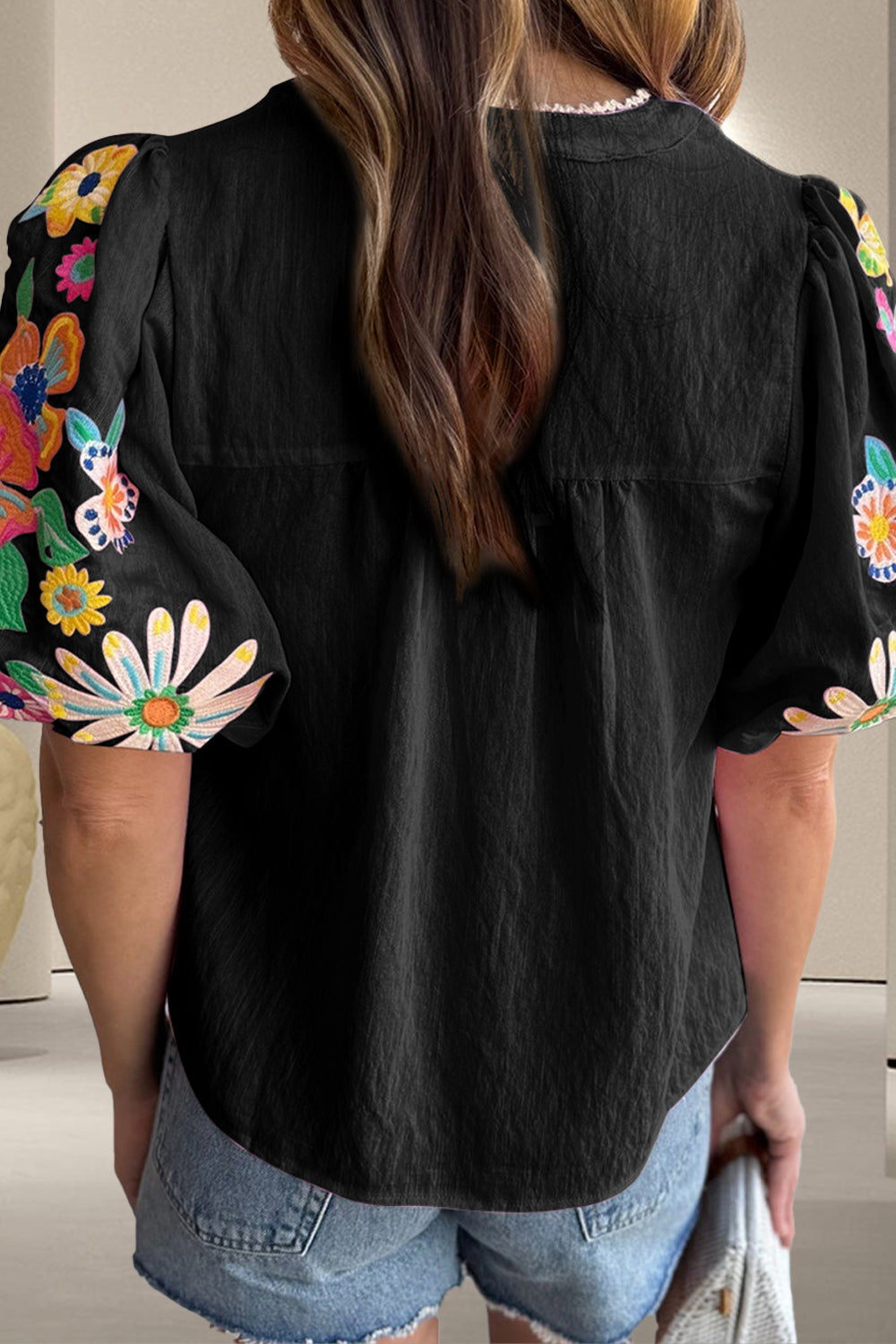 Embroidered Tie Neck Half Sleeve Blouse - Danielle and Jason Baker LLC - Danielle Baker's Boutique