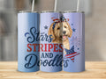 Dog wearing bandana with stars and stripes, "Stars Stripes And Doodles" text.