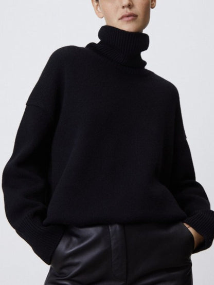 Ribbed Detail Turtleneck Dropped Shoulder Sweater