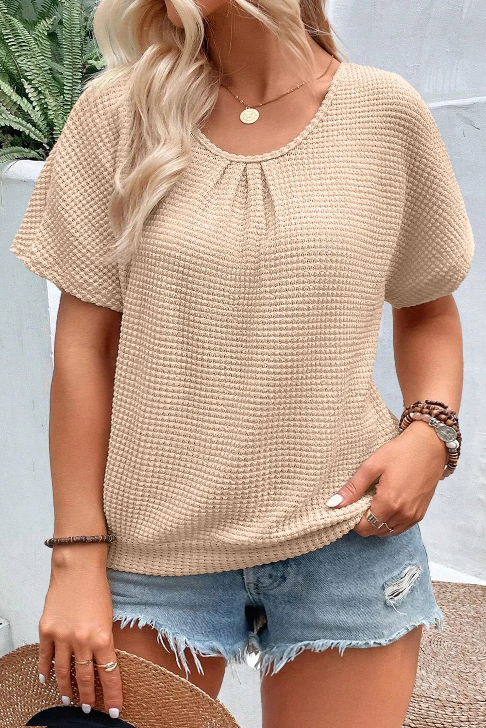 Textured Lace Round Neck Short Sleeve T-Shirt