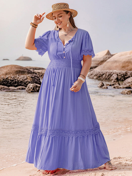 Lace Detail Tie Neck Short Sleeve Maxi Dress