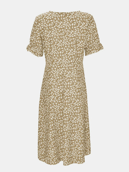 Printed Surplice Flounce Sleeve Midi Dress