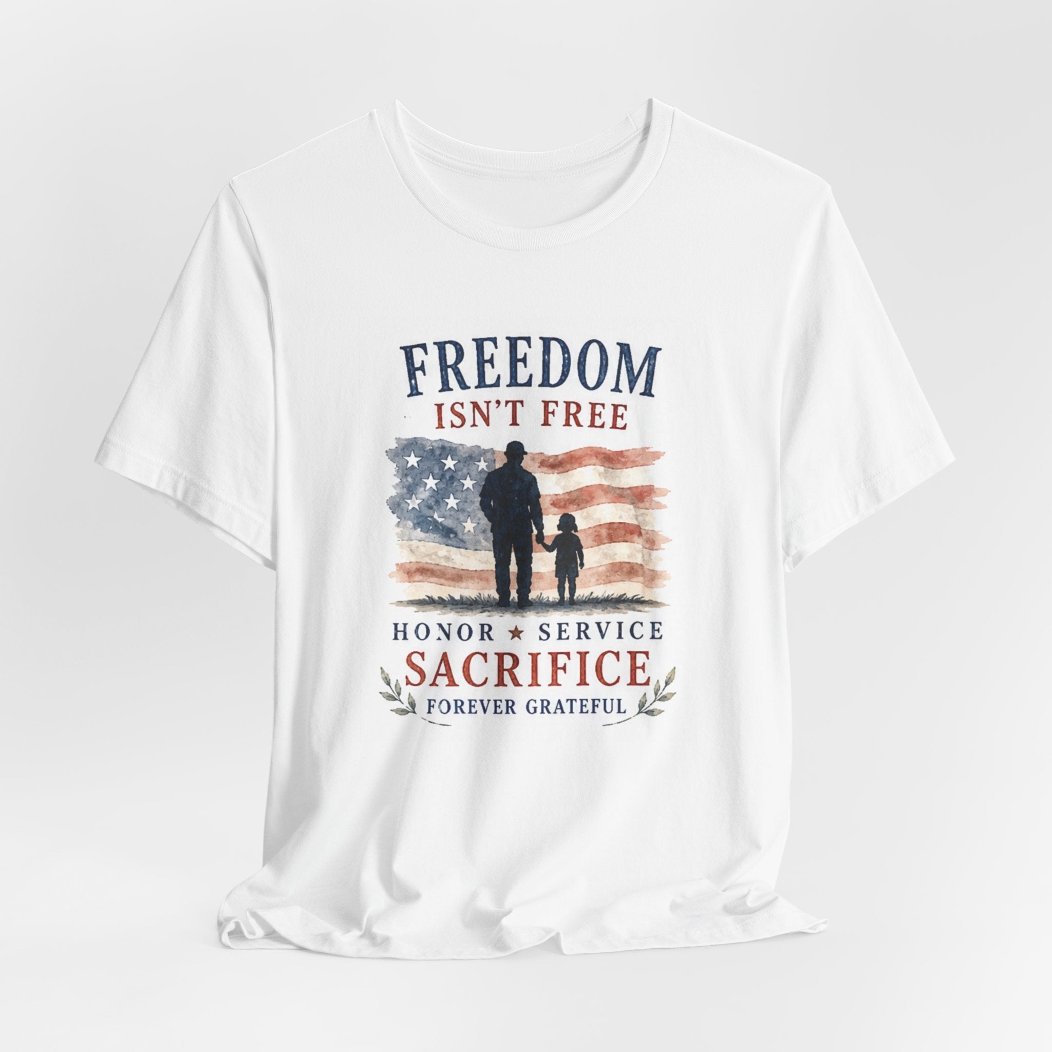 White t-shirt with "Freedom Isn't Free" and American flag graphic.