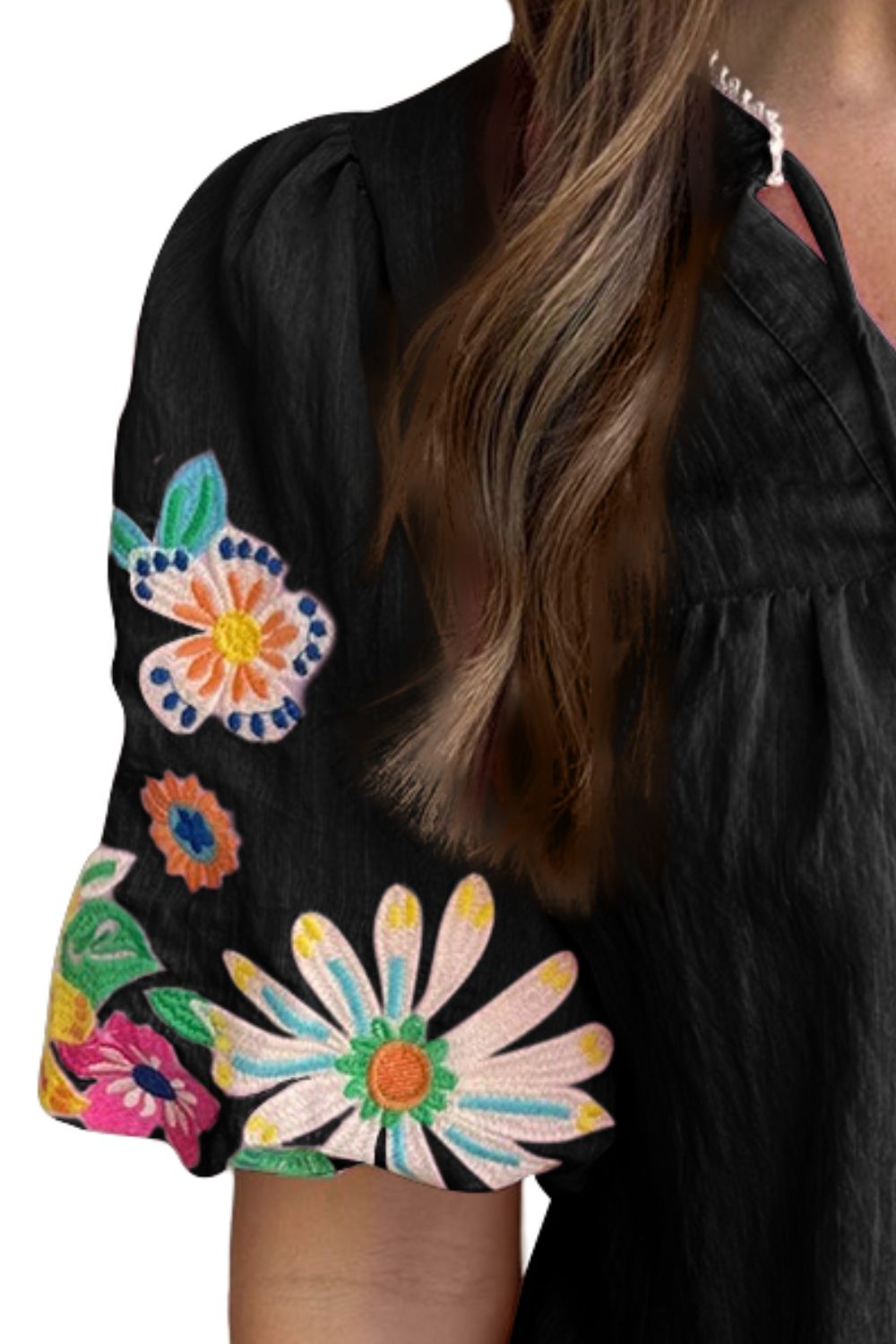 Embroidered Tie Neck Half Sleeve Blouse - Danielle and Jason Baker LLC - Danielle Baker's Boutique