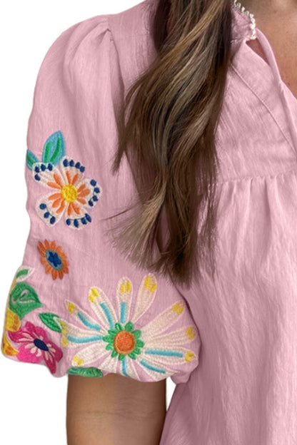 Embroidered Tie Neck Half Sleeve Blouse - Danielle and Jason Baker LLC - Danielle Baker's Boutique