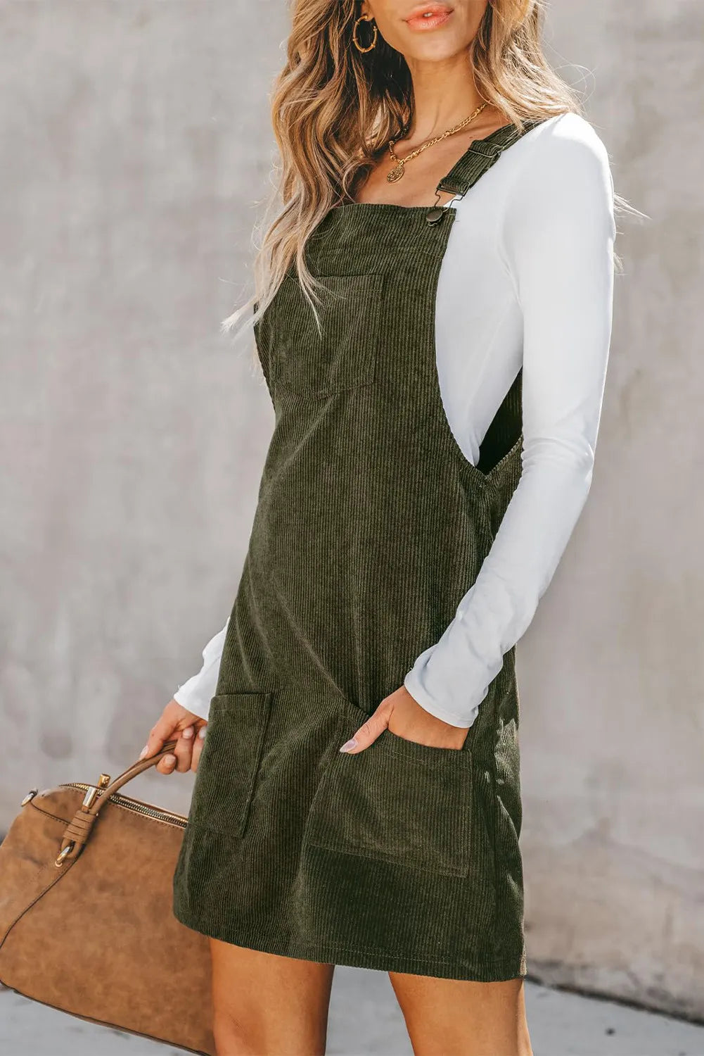 Corduroy Square Neck Wide Strap Overall Dress