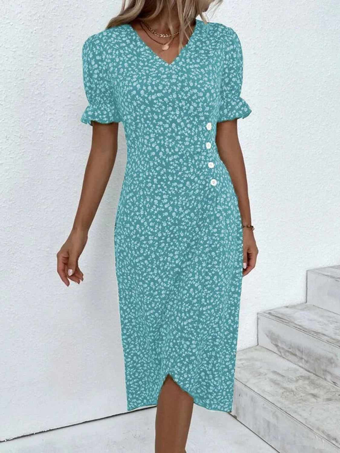 Printed Surplice Flounce Sleeve Midi Dress