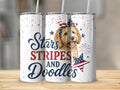 Golden doodle wearing bandana, "Stars Stripes and Doodles" text, patriotic fireworks.