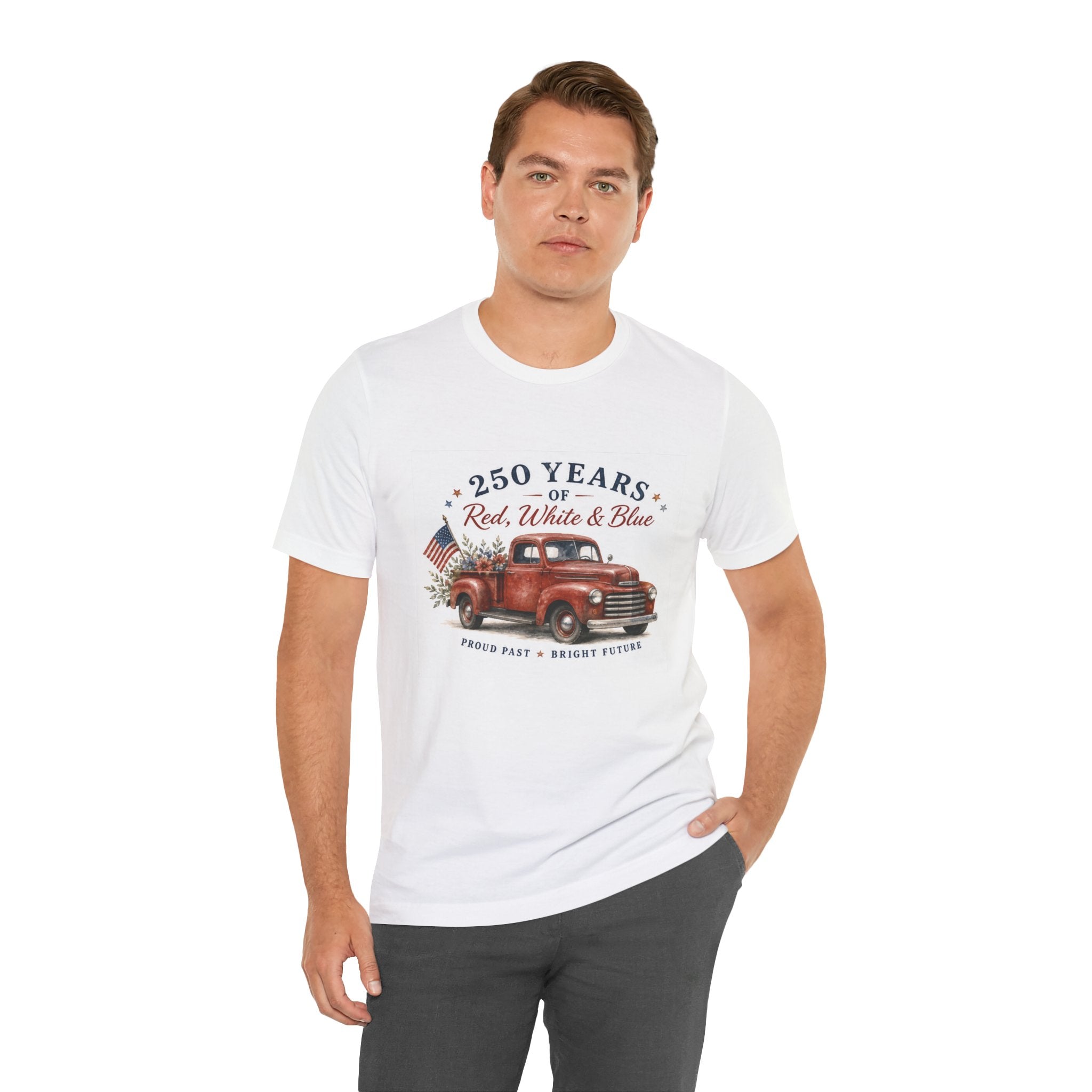 Man in white t-shirt featuring a vintage red truck with "250 Years of Red, White & Blue" text.