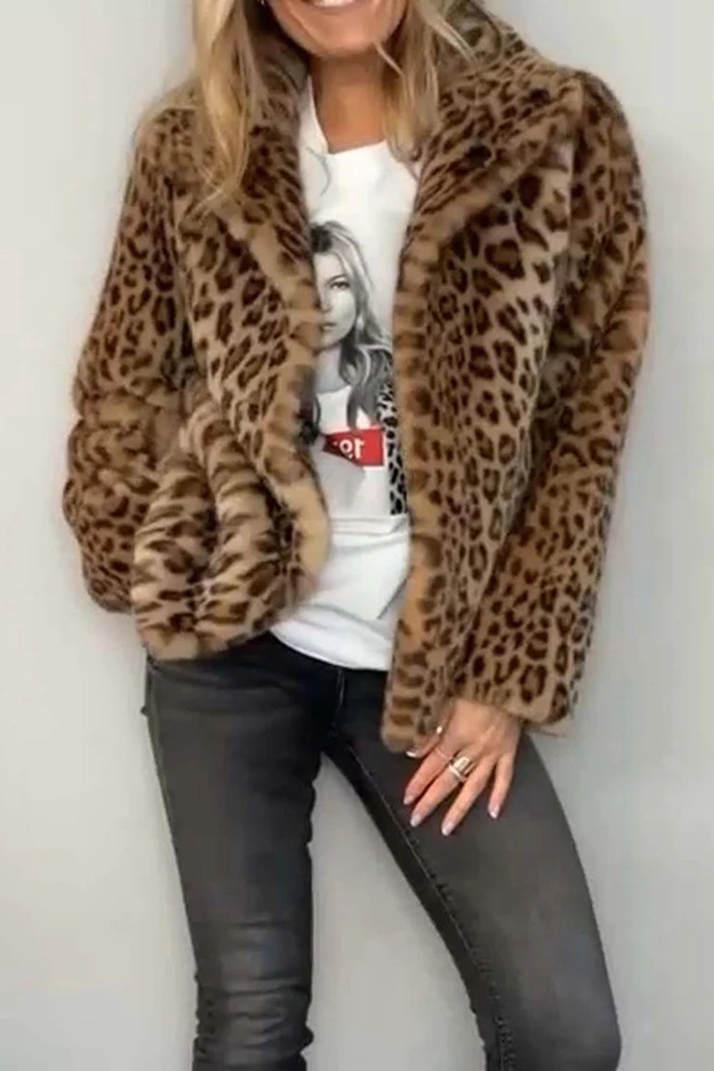 Leopard Furry Faux Fur Long Sleeve Coat