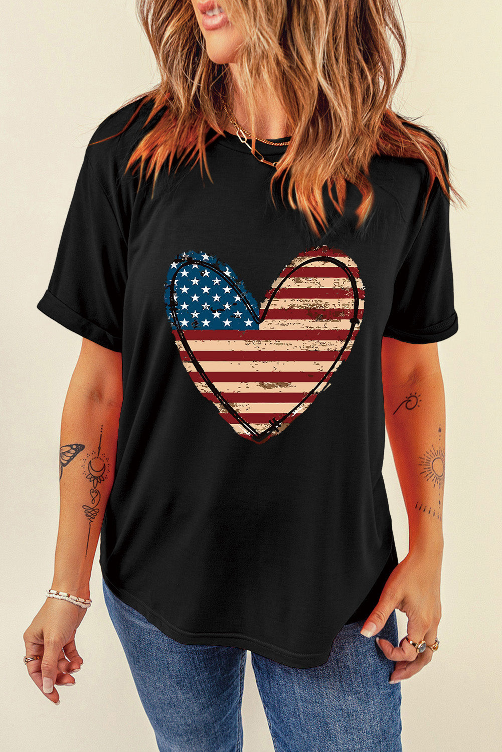 Stars and Stripes Heart Round Neck Short Sleeve T-Shirt - Danielle and Jason Baker LLC - Danielle Baker's Boutique