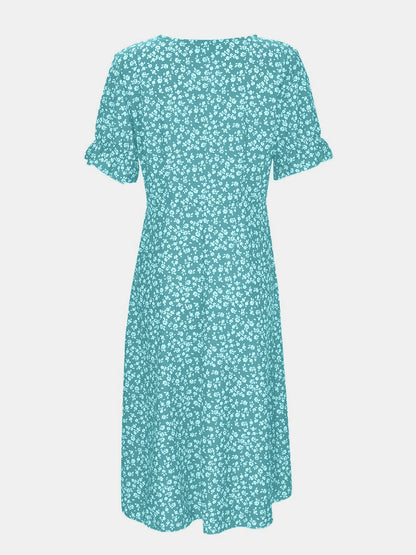 Printed Surplice Flounce Sleeve Midi Dress