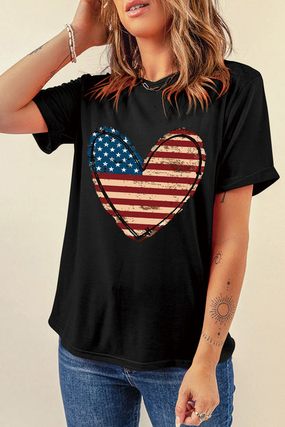 Stars and Stripes Heart Round Neck Short Sleeve T-Shirt - Danielle and Jason Baker LLC - Danielle Baker's Boutique