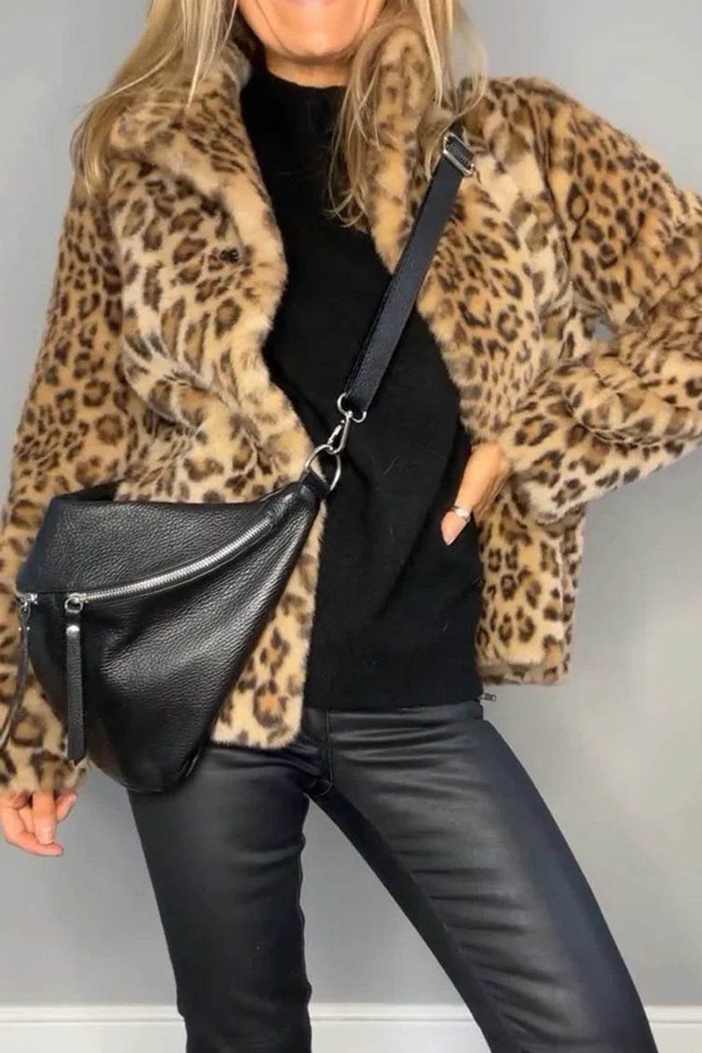 Leopard Furry Faux Fur Long Sleeve Coat