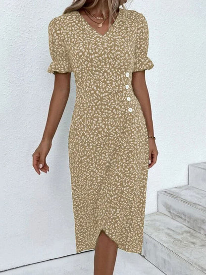 Printed Surplice Flounce Sleeve Midi Dress