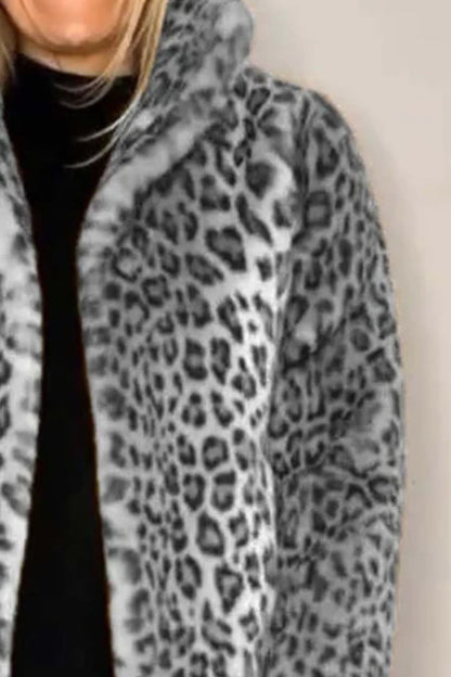 Leopard Furry Faux Fur Long Sleeve Coat