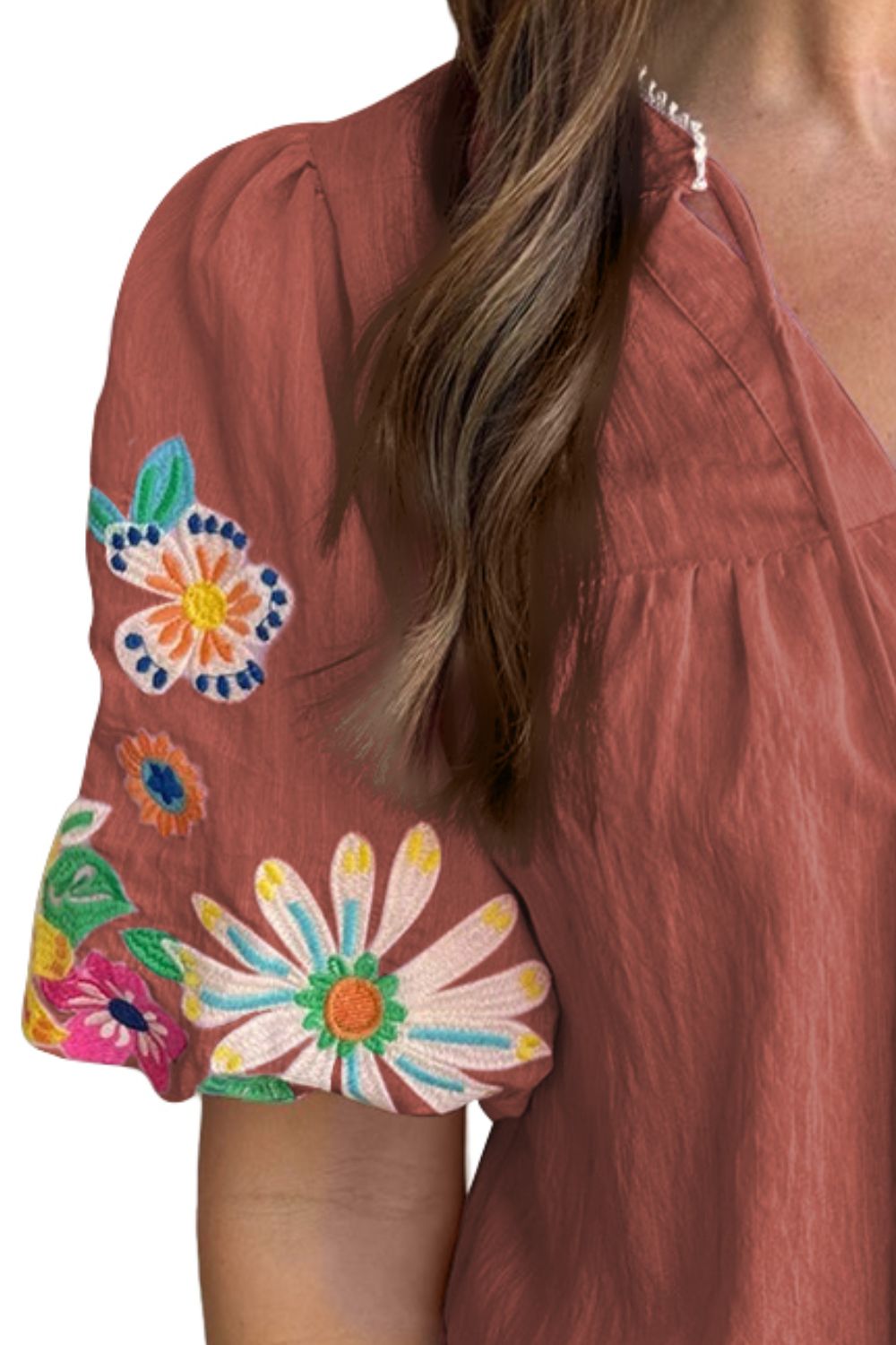 Embroidered Tie Neck Half Sleeve Blouse - Danielle and Jason Baker LLC - Danielle Baker's Boutique