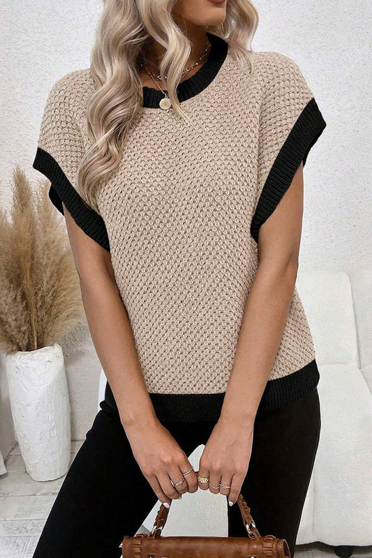 Contrast Round Neck Cap Sleeve Knit Top