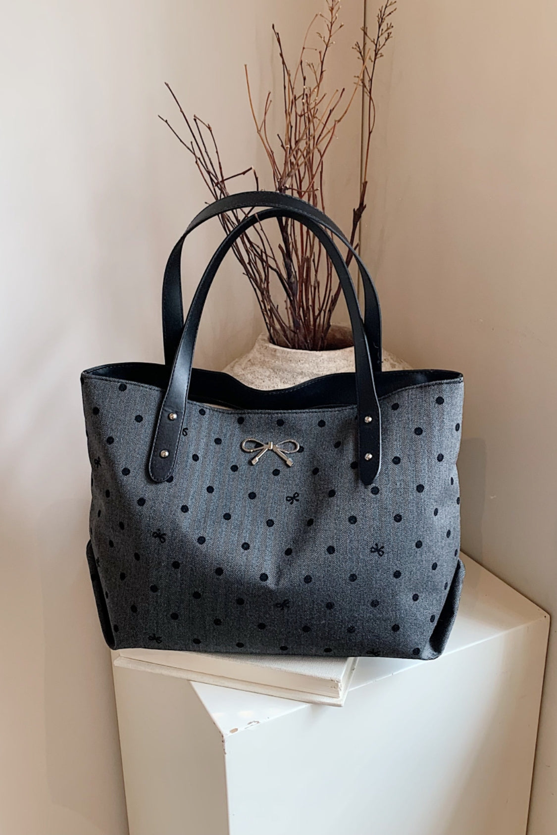 Polyester Bow Polka Dot Tote Bag - Danielle and Jason Baker LLC - Danielle Baker's Boutique