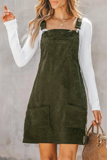 Corduroy Square Neck Wide Strap Overall Dress