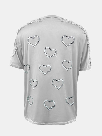 Lace Detail Heart Round Neck Short Sleeve Top