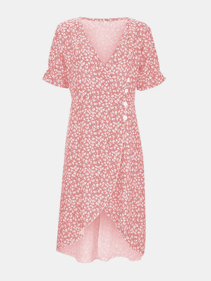 Printed Surplice Flounce Sleeve Midi Dress