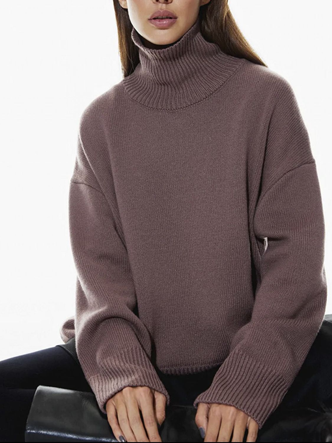 Ribbed Detail Turtleneck Dropped Shoulder Sweater