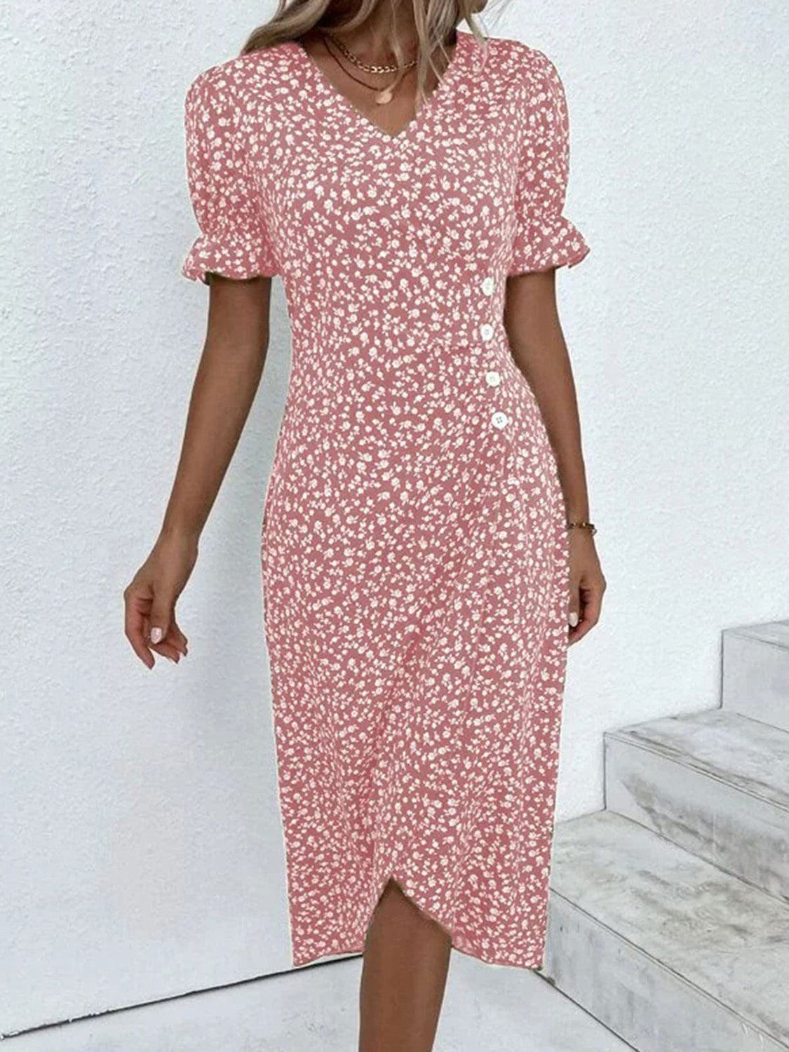 Printed Surplice Flounce Sleeve Midi Dress