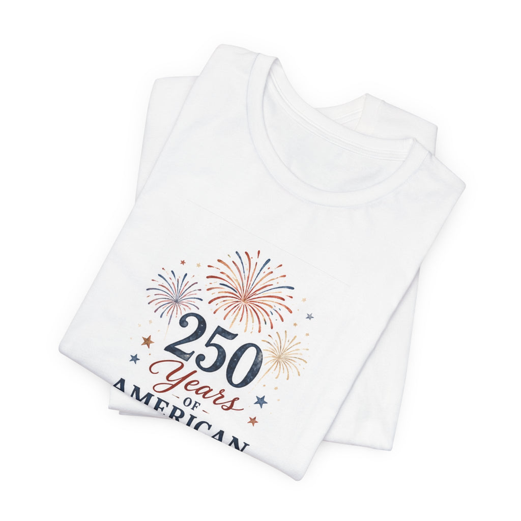 White t-shirt with "250 Years of American" and fireworks design.