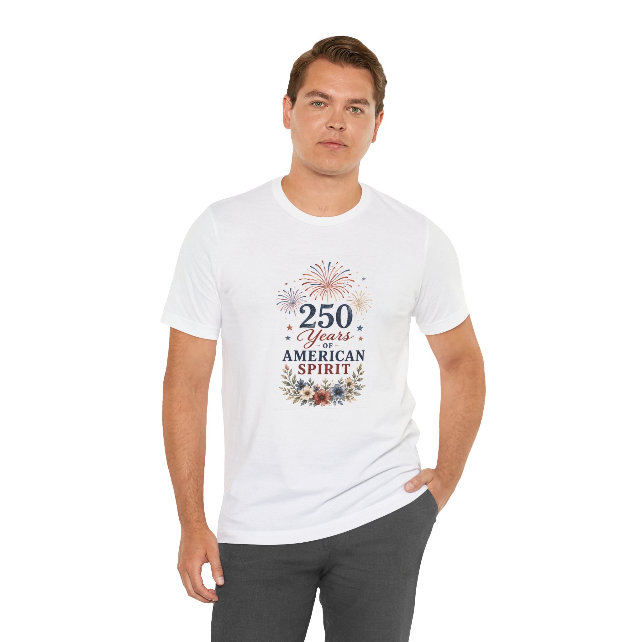 Man wearing a white t-shirt with "250 Years of American Spirit" graphic.
