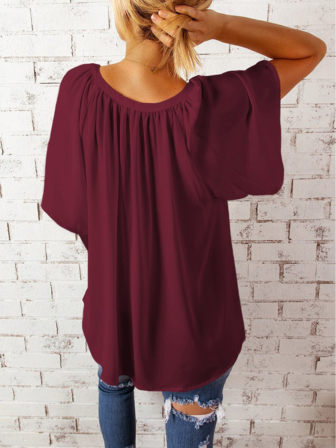 Ruched Notched Half Sleeve Blouse - Danielle and Jason Baker LLC - Danielle Baker's Boutique