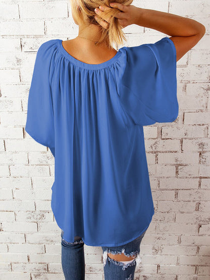 Ruched Notched Half Sleeve Blouse - Danielle and Jason Baker LLC - Danielle Baker's Boutique